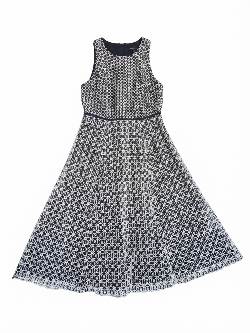 NWT Ann Taylor Petite 00P Navy Blue Eyelet Lace Fit & Flare Midi Dress Cotton